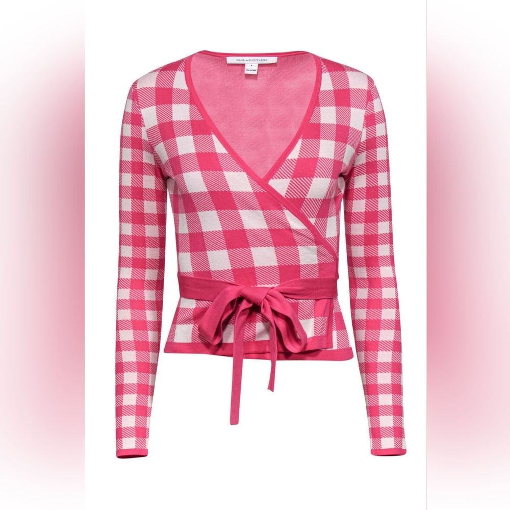 Diane Von Furstenberg Small Kyla Wrap Sweater Cotton Silk Gingham Plaid